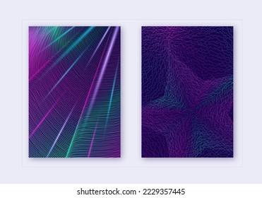 Conjunto de plantillas de diseño de portada. Líneas abstractas de diseño moderno de folletos. Gradientes de tono medio vibrante neón sobre fondo azul oscuro. Folleto notable, catálogo, afiche, libro, etc.