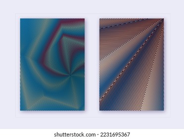 Cover design template set. Abstract lines modern brochure layout. Red white blue vibrant halftone gradients on dark background. Mesmeric brochure, catalog, poster, book etc.