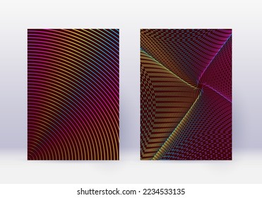 Conjunto de plantillas de diseño de portada. Líneas abstractas de diseño moderno de folletos. Gradientes de semitono vibrantes del arcoiris sobre fondo rojo del vino. Valioso folleto, catálogo, afiche, libro, etc.
