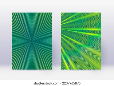 Cover design template set. Abstract lines modern brochure layout. Green vibrant halftone gradients on dark background. Noteworthy brochure, catalog, poster, book etc.