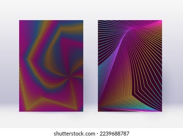 Cover design template set. Abstract lines modern brochure layout. Rainbow vibrant halftone gradients on wine red background. Alive brochure, catalog, poster, book etc.