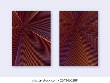 Cover design template set. Abstract lines modern brochure layout. Orange vibrant halftone gradients on wine-red background. Exceptional brochure, catalog, poster, book etc.