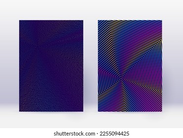 Designvorlage-Set abdecken. Abstrakte Linien moderne Broschüren Layout. Rainbow-lebendige Halbtongradienten auf dunkelblauem Hintergrund. Formschöne Broschüre, Katalog, Poster, Buch etc.