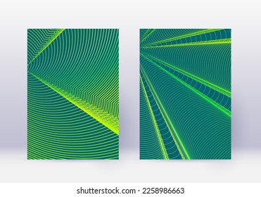 Cover design template set. Abstract lines modern brochure layout. Green vibrant halftone gradients on dark background. Fabulous brochure, catalog, poster, book etc.