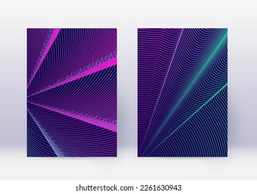 Cover design template set. Abstract lines modern brochure layout. Neon vibrant halftone gradients on dark blue background. Powerful brochure, catalog, poster, book etc.