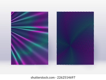 Cover design template set. Abstract lines modern brochure layout. Neon vibrant halftone gradients on dark blue background. Appealing brochure, catalog, poster, book etc.