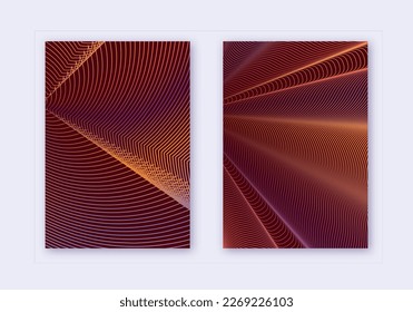 Cover design template set. Abstract lines modern brochure layout. Orange vibrant halftone gradients on wine-red background. Fascinating brochure, catalog, poster, book etc.