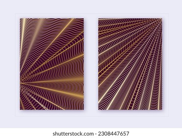 Cover design template set. Abstract lines modern brochure layout. Gold vibrant halftone gradients on maroon background. Eminent brochure, catalog, poster, book etc.