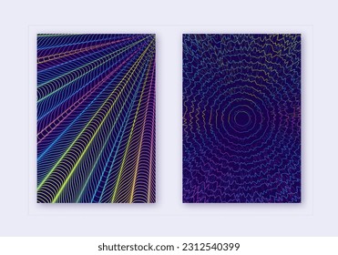 Cover design template set. Abstract lines modern brochure layout. Rainbow vibrant halftone gradients on dark blue background. Majestic brochure, catalog, poster, book etc.