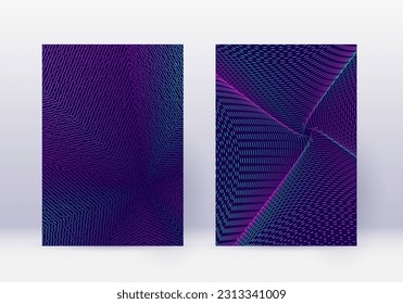 Cover design template set. Abstract lines modern brochure layout. Neon vibrant halftone gradients on dark blue background. Radiant brochure, catalog, poster, book etc.