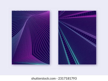 Conjunto de plantillas de diseño de portada. Líneas abstractas de diseño moderno de folletos. Gradientes de tono medio vibrante neón sobre fondo azul oscuro. Folleto en negrita, catálogo, cartel, libro, etc.