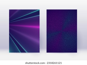 Cover design template set. Abstract lines modern brochure layout. Neon vibrant halftone gradients on dark blue background. Wonderful brochure, catalog, poster, book etc.