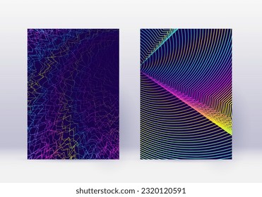 Cover design template set. Abstract lines modern brochure layout. Rainbow vibrant halftone gradients on dark blue background. Neat brochure, catalog, poster, book etc.