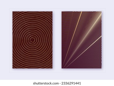 Cover design template set. Abstract lines modern brochure layout. Gold vibrant halftone gradients on maroon background. Ecstatic brochure, catalog, poster, book etc.