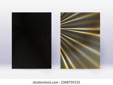 Cover design template set. Abstract lines modern brochure layout. Gold vibrant halftone gradients on black background. Wondrous brochure, catalog, poster, book etc.