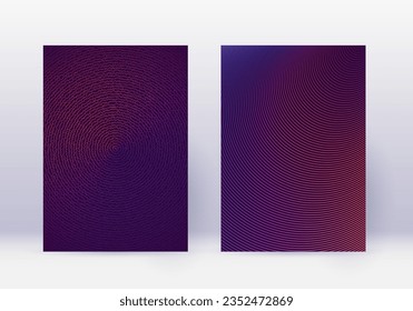 Conjunto de plantillas de diseño de portada. Líneas abstractas de diseño moderno de folletos. Gradientes de medio tono violento y vibrante sobre fondo oscuro. Folleto, catálogo, afiche, libro, etc.