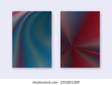 Cover design template set. Abstract lines modern brochure layout. Red white blue vibrant halftone gradients on dark background. Imaginative brochure, catalog, poster, book etc.
