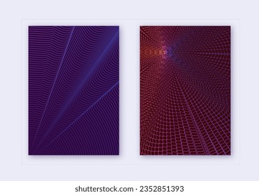 Cover design template set. Abstract lines modern brochure layout. Violet vibrant halftone gradients on dark background. Noteworthy brochure, catalog, poster, book etc.