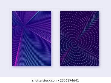 Cover design template set. Abstract lines modern brochure layout. Neon vibrant halftone gradients on dark blue background. Rare brochure, catalog, poster, book etc.