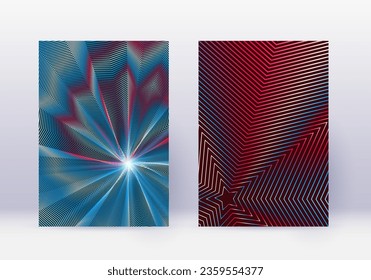 Cover design template set. Abstract lines modern brochure layout. Red vibrant halftone gradients on white blue background. Fair brochure, catalog, poster, book etc.
