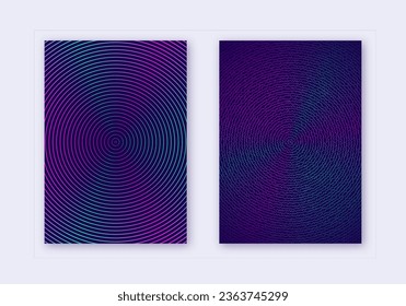 Cover design template set. Abstract lines modern brochure layout. Neon vibrant halftone gradients on dark blue background. Resplendent brochure, catalog, poster, book etc.