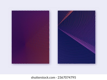 Cover design template set. Abstract lines modern brochure layout. Violet vibrant halftone gradients on dark background. Quaint brochure, catalog, poster, book etc.