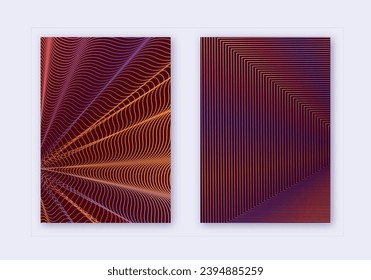 Cover design template set. Abstract lines modern brochure layout. Orange vibrant halftone gradients on wine-red background. Grand brochure, catalog, poster, book etc.