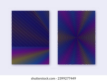 Cover design template set. Abstract lines modern brochure layout. Rainbow vibrant halftone gradients on dark blue background. Sightly brochure, catalog, poster, book etc.