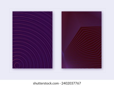 Cover design template set. Abstract lines modern brochure layout. Violet vibrant halftone gradients on dark background. Popular brochure, catalog, poster, book etc.