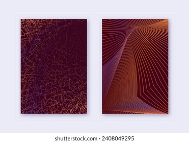 Cover design template set. Abstract lines modern brochure layout. Orange vibrant halftone gradients on wine-red background. Fancy brochure, catalog, poster, book etc.