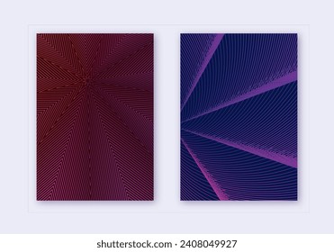 Cover design template set. Abstract lines modern brochure layout. Violet vibrant halftone gradients on dark background. Shapely brochure, catalog, poster, book etc.