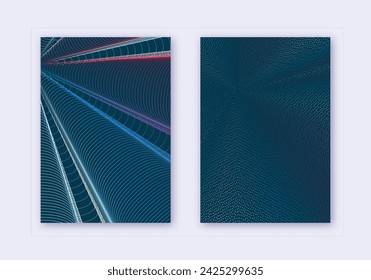 Cover design template set. Abstract lines modern brochure layout. Red white blue vibrant halftone gradients on dark background. Impressive brochure, catalog, poster, book etc.