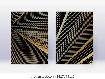 Cover design template set. Abstract lines modern brochure layout. Gold vibrant halftone gradients on black background. Shapely brochure, catalog, poster, book etc.