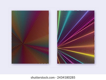 Cover design template set. Abstract lines modern brochure layout. Rainbow vibrant halftone gradients on wine red background. Captivating brochure, catalog, poster, book etc.