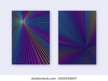 Cover design template set. Abstract lines modern brochure layout. Rainbow vibrant halftone gradients on dark blue background. Nice brochure, catalog, poster, book etc.