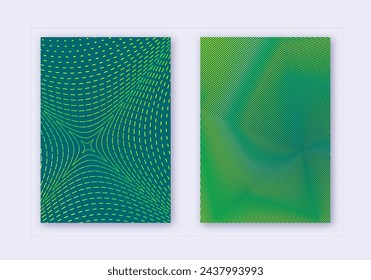 Cover design template set. Abstract lines modern brochure layout. Green vibrant halftone gradients on dark background. Memorable brochure, catalog, poster, book etc.