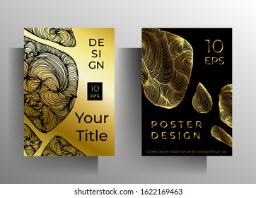 Cover design template set. Gold and black graphic elements are drawn by hand. A4 format. EPS 10 vector