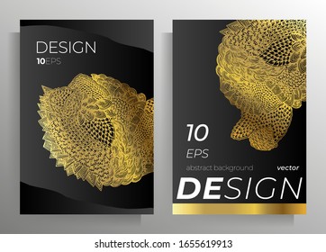 Cover design template set. Hand-drawn graphic elements black with gold. Vector 10 EPS.