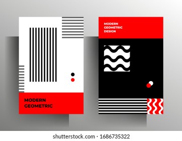 Cover design template set. Minimalistic geometric black, red and white pattern. Vector 10 EPS.