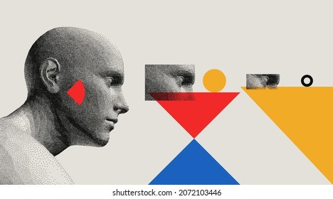 Cover design template. Side view of dotted face background. Geometric pattern. 3D vector illustration for brochure, poster, card, invitation, poster, textile print, presentation, flyer or banner.