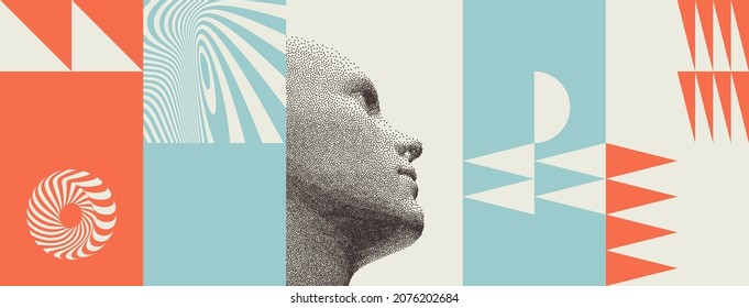 Cover design template. Side view of dotted face background. Geometric pattern. 3D vector illustration for brochure, poster, card, invitation, poster, textile print, presentation, flyer or banner.