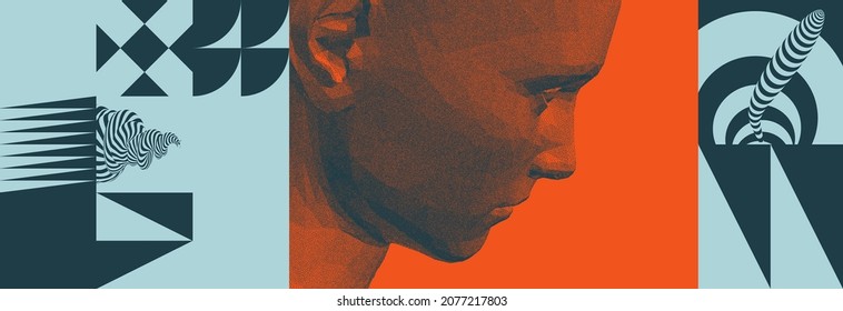 Cover design template. Side view of dotted face background. Geometric pattern. 3D vector illustration for brochure, poster, card, invitation, poster, textile print, presentation, flyer or banner.