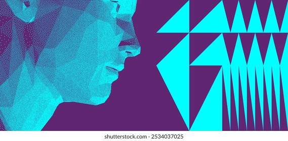 Cover design template. Side view of dotted face background. Geometric pattern. 3D vector illustration for brochure, poster, card, invitation, poster, textile print, presentation, flyer or banner.