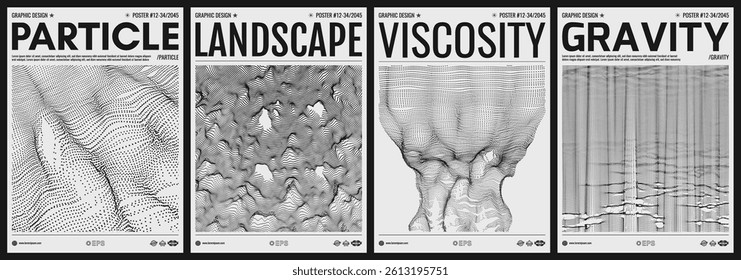 Cover design template. Spider web torn. Abstract background with holes. An array with dynamic particles. Texture. Big data. Black and white. 3D vector illustration for brochure, poster, flyer, banner.