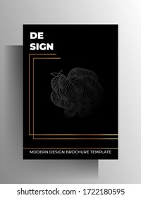  Plantilla de diseño de portada. Un concepto estricto con elementos gráficos dibujados a mano en tonos negros con marcos dorados. Formato A4. Vector 10 EPS.