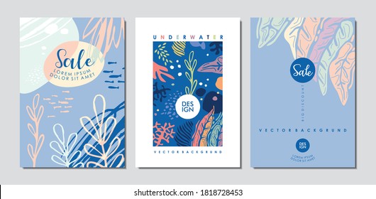 Cover design template with underwater floral patterns for sale promotions and summer events. Corals and seaweed background design layouts. Brochure contemporary background vector pattern.