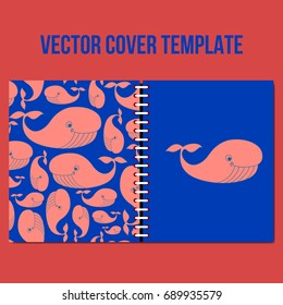 Cover design template. Vector underwater animal illustration. Blue whale pattern