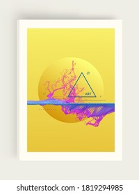 Design-Vorlage abdecken. Wassersplash-Imitation. Array mit dynamischen emittierten Partikeln. 3D-Vektorgrafik. Design für Banner, Flyer, Poster, Cover oder Broschüre.