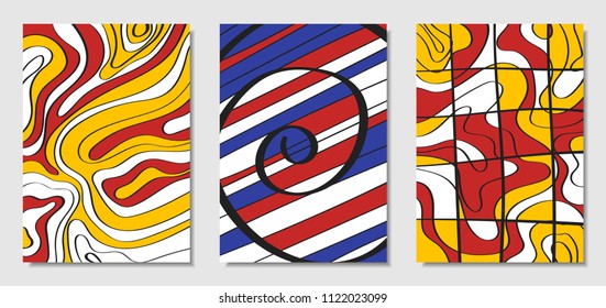 Cover Design Templates Set in Bauhaus Style. Abstract Backgrounds with Handwritten Wavy Lines and Ethnic Elements. Bright Hipster Abstraction. Vector Covers for Placard, Poster, Layout, Splash Screen.