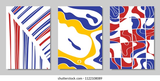 Cover Design Templates Set in Bauhaus Style. Abstract Backgrounds with Handwritten Wavy Lines and Ethnic Elements. Bright Hipster Abstraction. Vector Covers for Placard, Poster, Layout, Splash Screen.